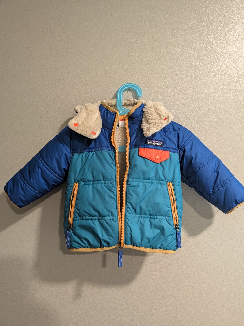 Patagonia Boys' Blue Teal Puffer Jacket with Sherpa Collar Reversible Size 6-12m